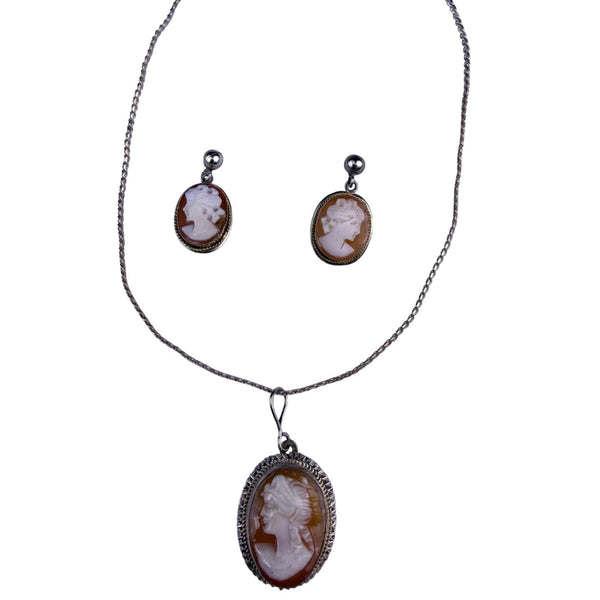 Sterling Silver 925 Vintage Cameo Necklace & Earrings Set Hand-Carved Antique
