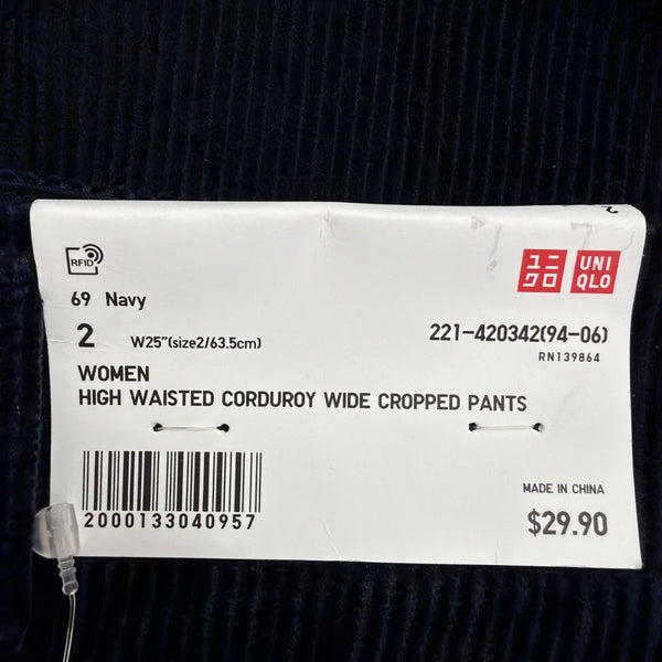 Uniqlo Womens Navy Cotton High-Waisted Corduroy Wide Cropped Pants Size 2