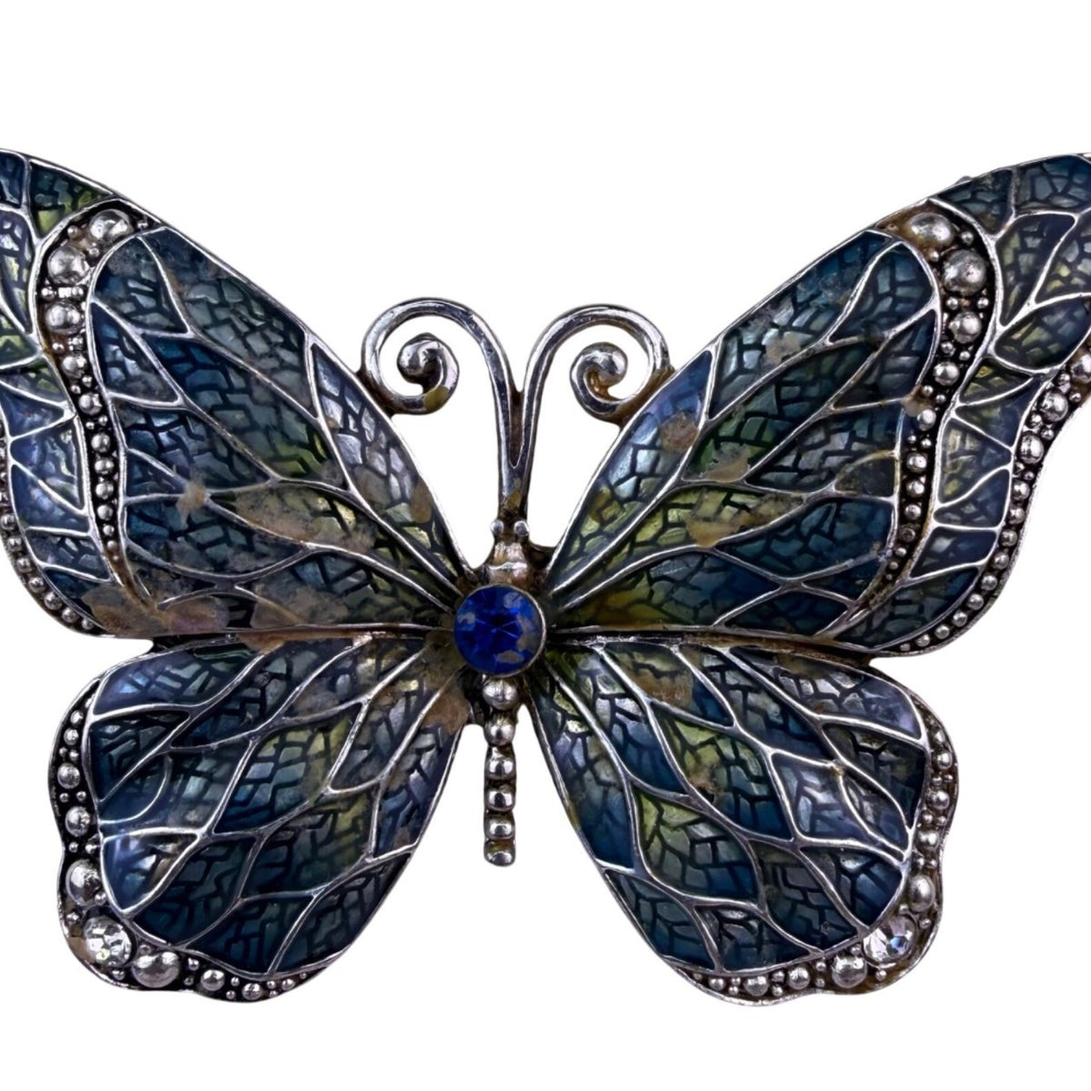 Green & Blue Butterfly Necklace Enamel Crystal Detail Silver Adjustable Chain