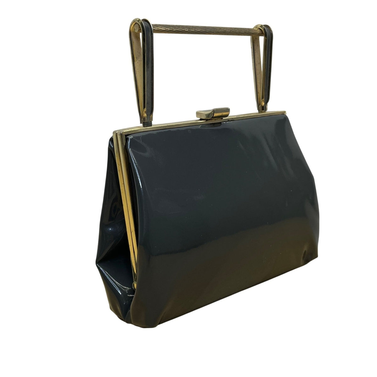 Vintage Black Handbag With Gold Metal Frame & Top Handle Glossy Patent Finish