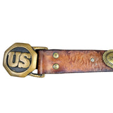 Handcrafted Vintage Brown Leather Belt US Buckle Embossed Design Unique