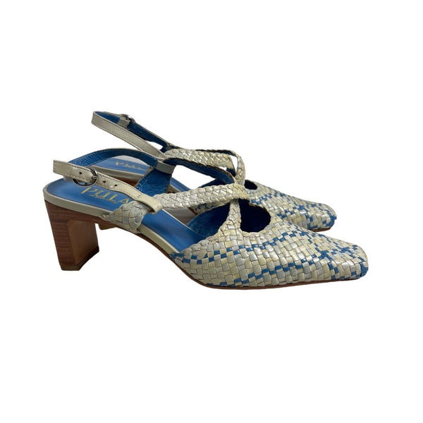 Pula Women’s  Yellow Blue Squared Toe Heeled Sandals Sz 6B