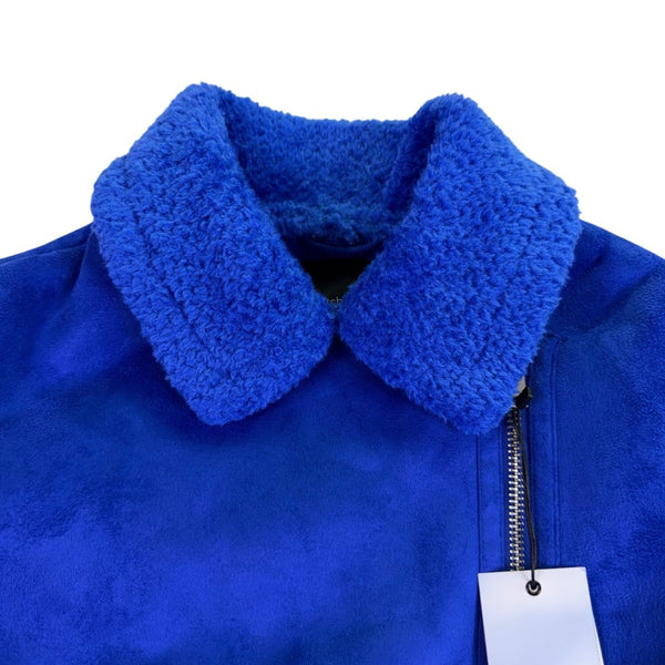 Bershka Womens Blue Faux Shearling Biker Jacket With Zipper Pockets Size S