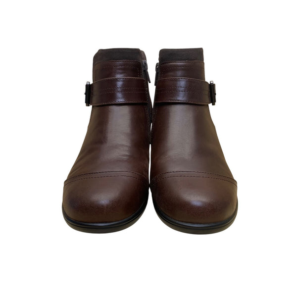Orthofeet Women’s Brown Leather Buckle Detail Heeled Ankle Boots Size 11M