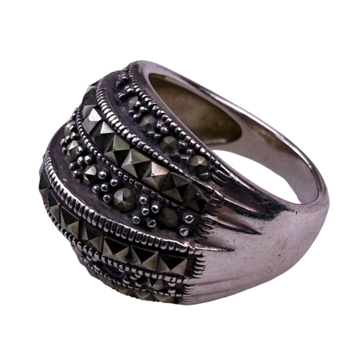 Sterling Silver 925 Womens Black & Silver Marcasite Ring CFJ Thailand Bold