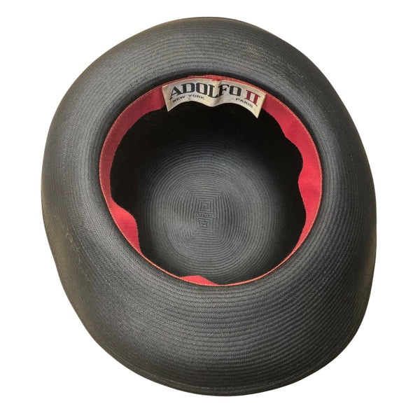 Adolfo II Womens Black Straw Bowler Hat Woven Ribbon Bow Accent Vintage Style