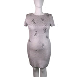St. John Women’s Silver Sheath Metallic Dress Embroidered Short Sleeve Sz 12