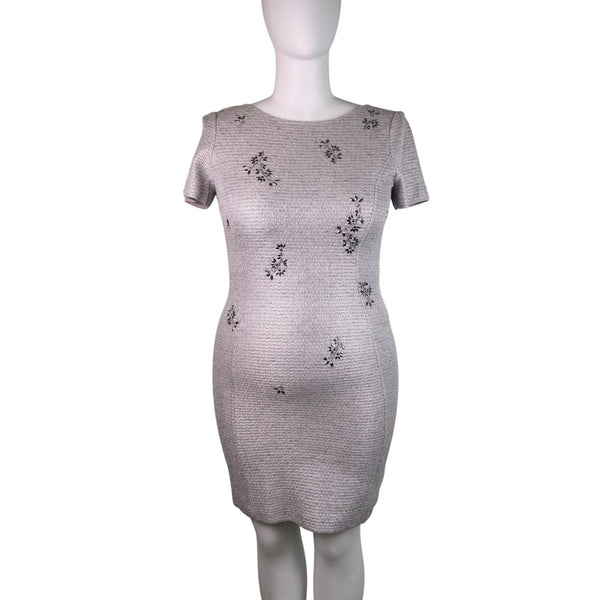 St. John Women’s Silver Sheath Metallic Dress Embroidered Short Sleeve Sz 12