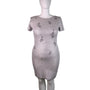 St. John Women’s Silver Sheath Metallic Dress Embroidered Short Sleeve Sz 12