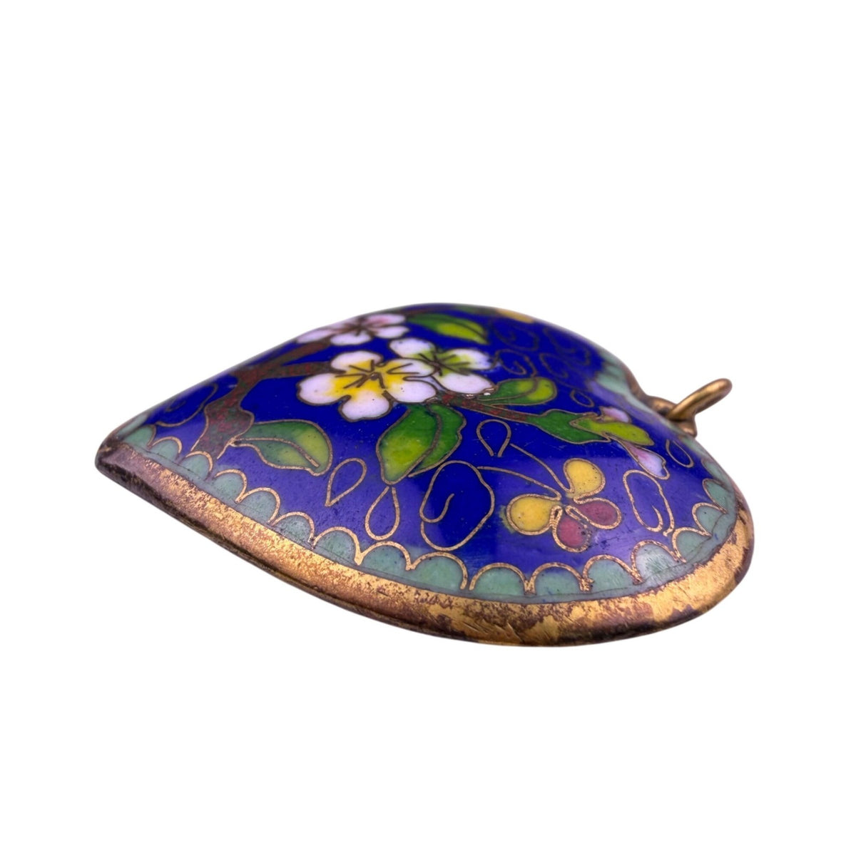 Vintage Cloisonné Enamel Heart Pendant Floral Motif Blue/Green Handmade 