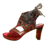 Laura Vita Women’s Red Floral Pattern Leather Open Toe Bow Accent Heels Size 10