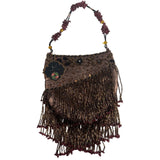 Vtg 80s In’s Classical Style Women's Brown Floral Beads Shoulder Bag Sz S