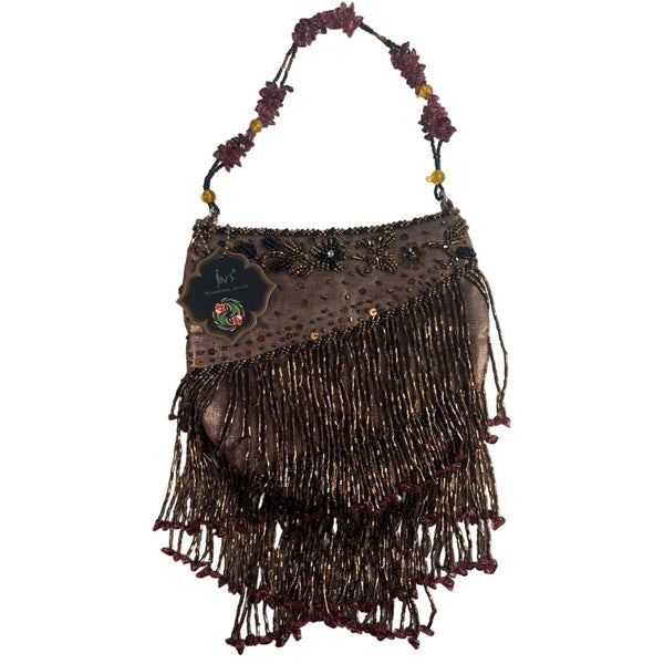 Vtg 80s In’s Classical Style Women's Brown Floral Beads Shoulder Bag Sz S
