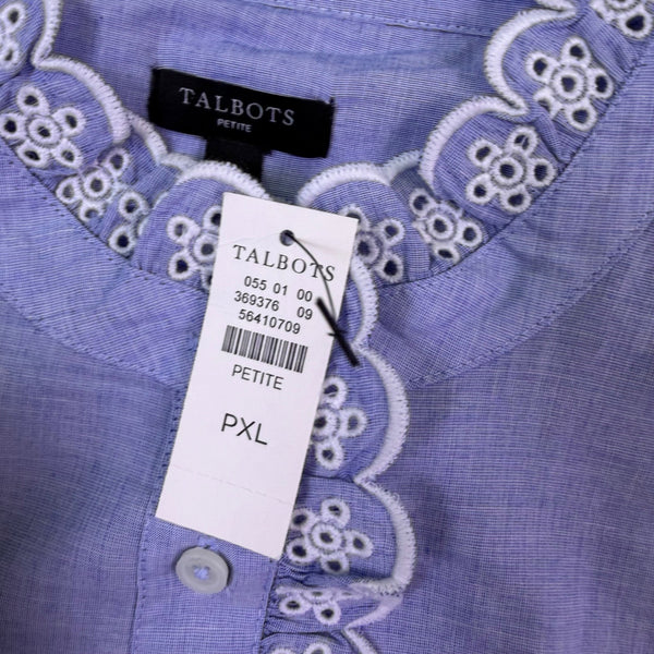 Talbots Womens Blue Cotton Blouse Petite Eyelet Embroidered Button-Front Sz  XLP