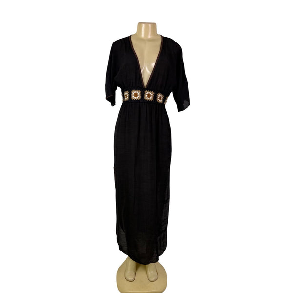 Cupshe Womens Black V-Neck Maxi Dress Daisy Embroidered Waist Short Sleeves Sz S