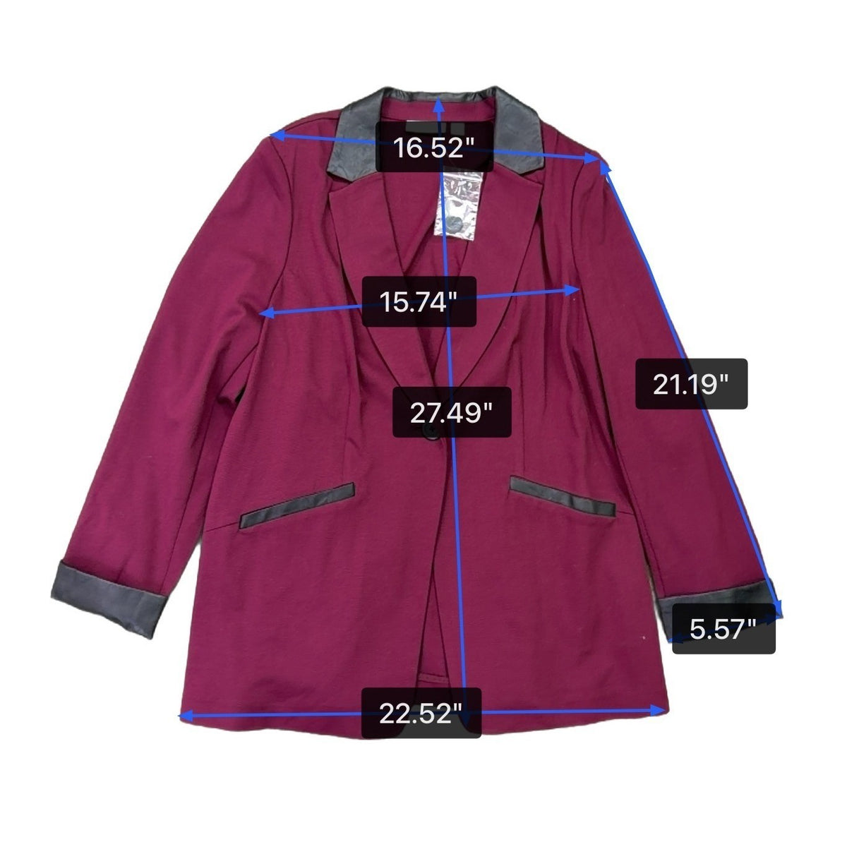 Susan Graver Womens Burgundy Rayon Blend Blazer With Faux Leather Trim Size 14