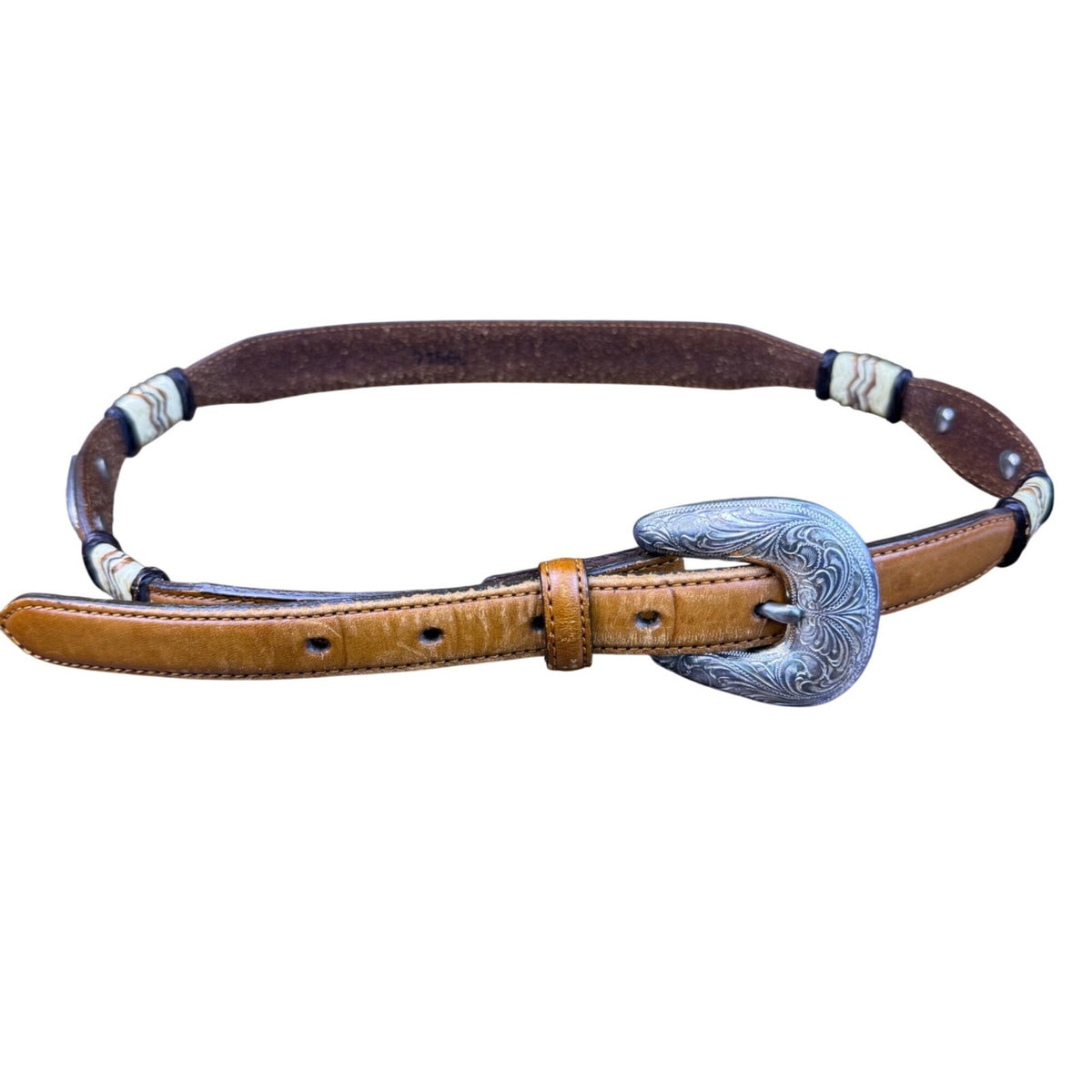 Tony Lama Tan Leather Western Belt With Silver Buckle Embossed Floral Sz 30