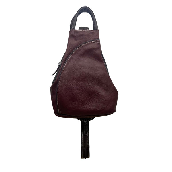Women’s Burgundy Leather Multiple Compartments Sling Adjustable Straps Backpack