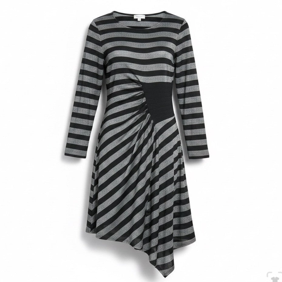 Beige By Eci Womens Black & Silver Striped Long Sleeve Asymmetric Dress Sz L