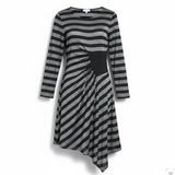 Beige By Eci Womens Black & Silver Striped Long Sleeve Asymmetric Dress Sz L