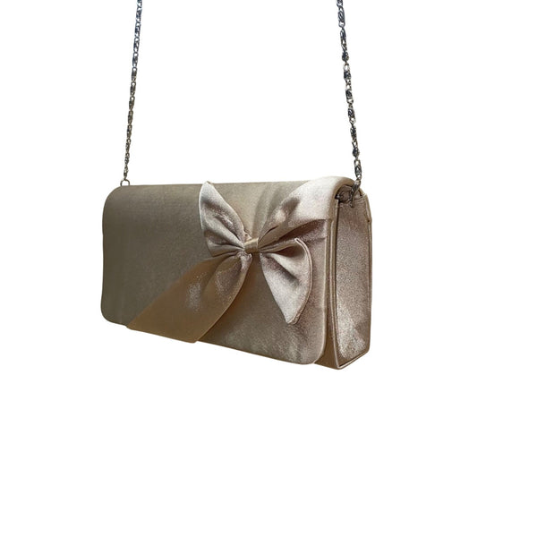 Bijoux Terner Women’s Champagne Satin Effect Chain Strap Bow Clutch Bag