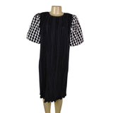Ann Hobbs For Cattiva Womens Black Pleated Dress W/ Puff Sleeves Checked Sz M