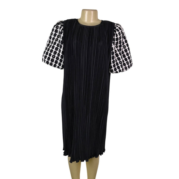 Ann Hobbs For Cattiva Womens Black Pleated Dress W/ Puff Sleeves Checked Sz M