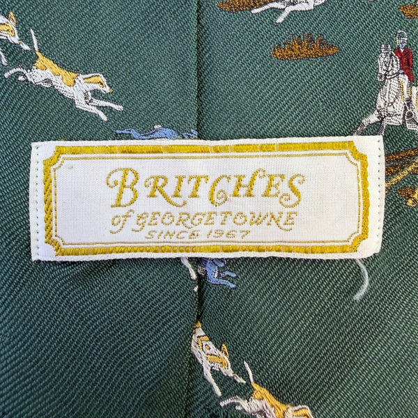 Britches Mens Green Silk Jockey Horse Riding Scene Neck Tie Approx. 57.5" Long