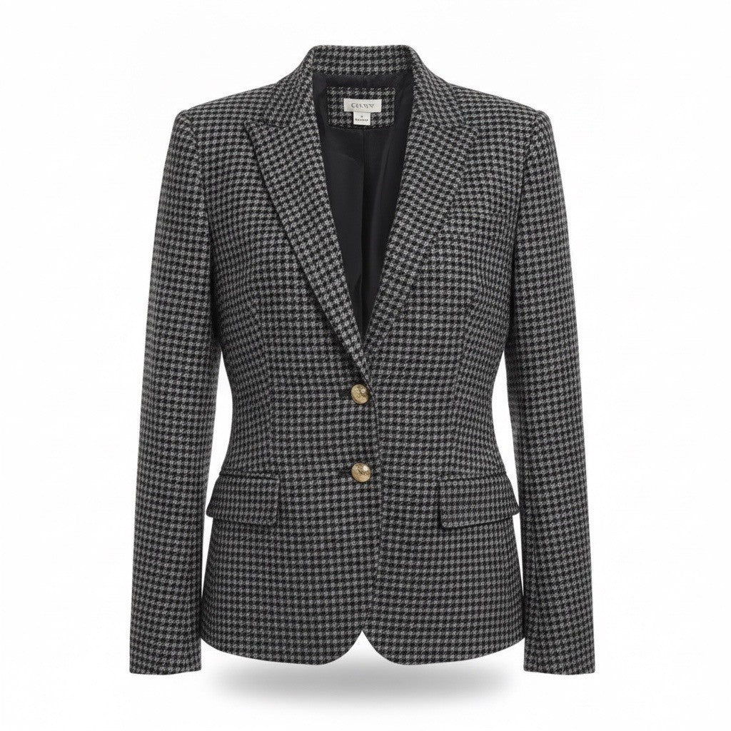 J. Crew Womens Black Houndstooth Wool Blend Blazer With Gold Button Size 4