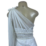 One Shoulder White Chiffon Maxi Dress With Pleated Waistband Detailed
