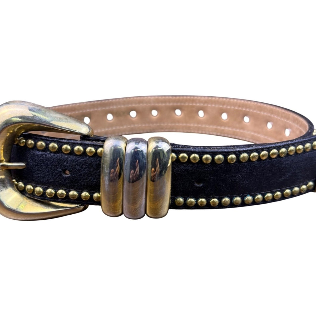Streets Ahead Unisex Black Leather Studded Belt Gold Accents Adjustable Western