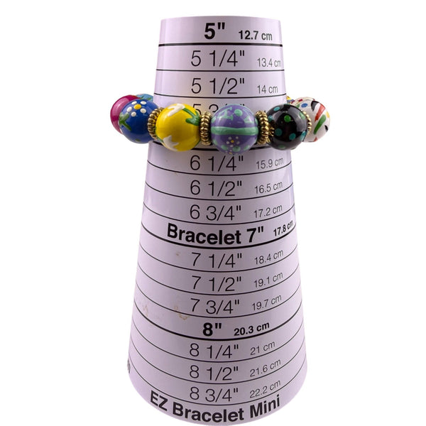 Colorful Hand-Painted Bead Stretch Bracelet With Gold-Tone Accents Unique Design