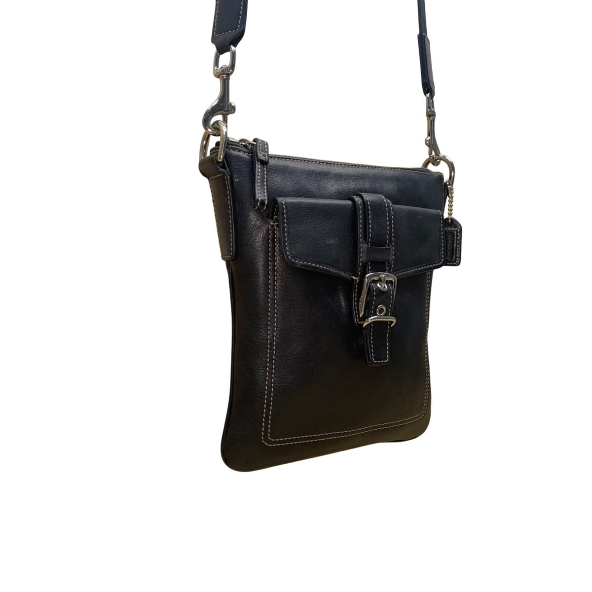 Coach Women’s Black Leather Front Buckle Detail Adjustable Strap Crossbody Bag