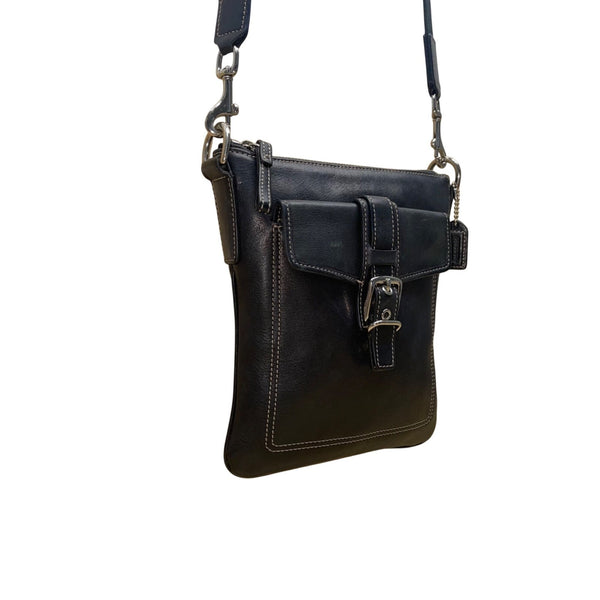 Coach Women’s Black Leather Front Buckle Detail Adjustable Strap Crossbody Bag