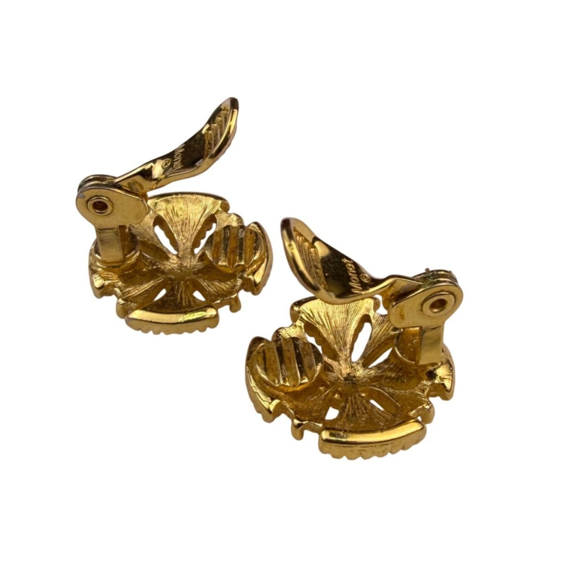 Monet Women Gold Tone Metal Vintage Clip-On Earrings Round Art Deco Design