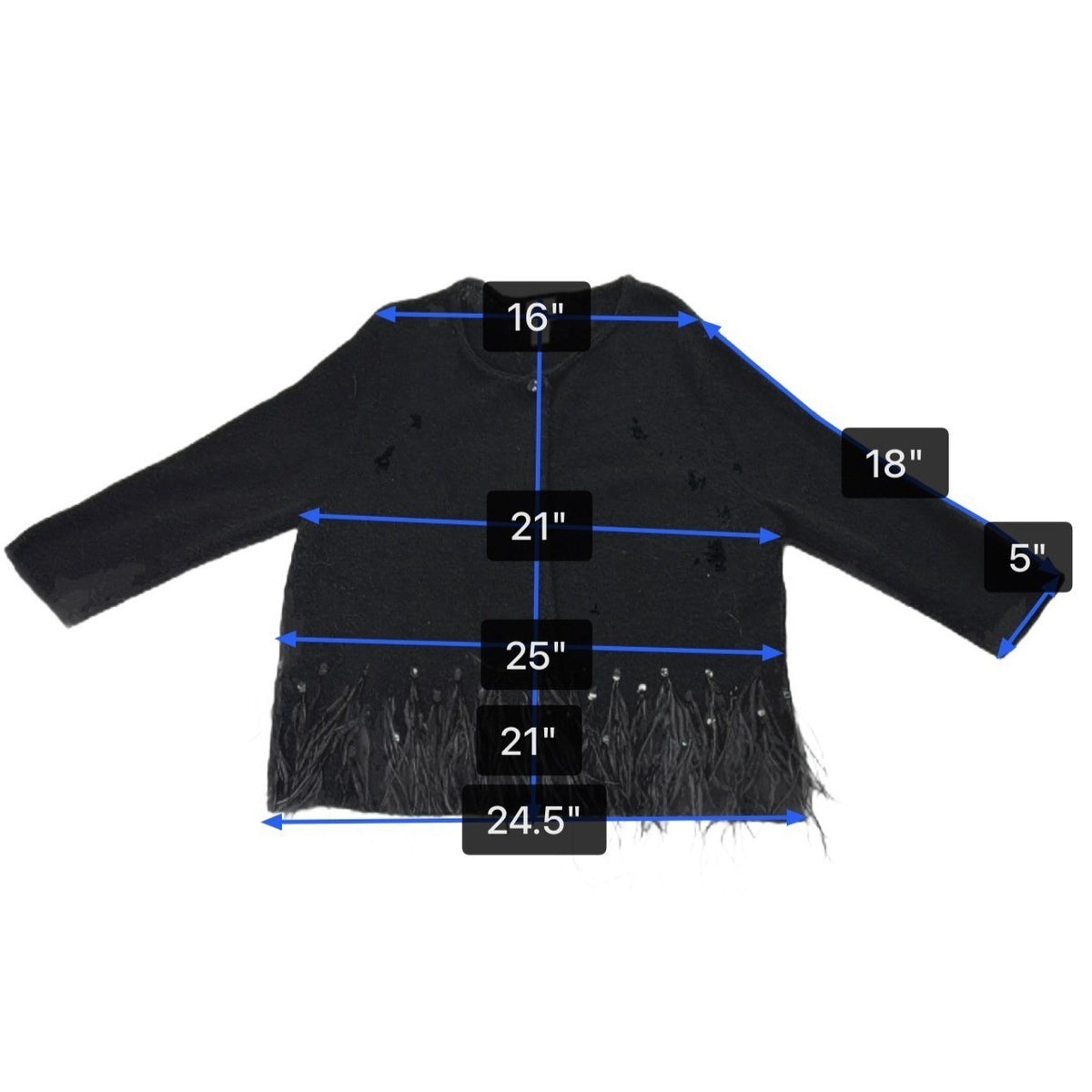 Chicos Womens Black Acrylic/Nylon/Wool Feather Trim Long Sleeve Cardigan Size 2