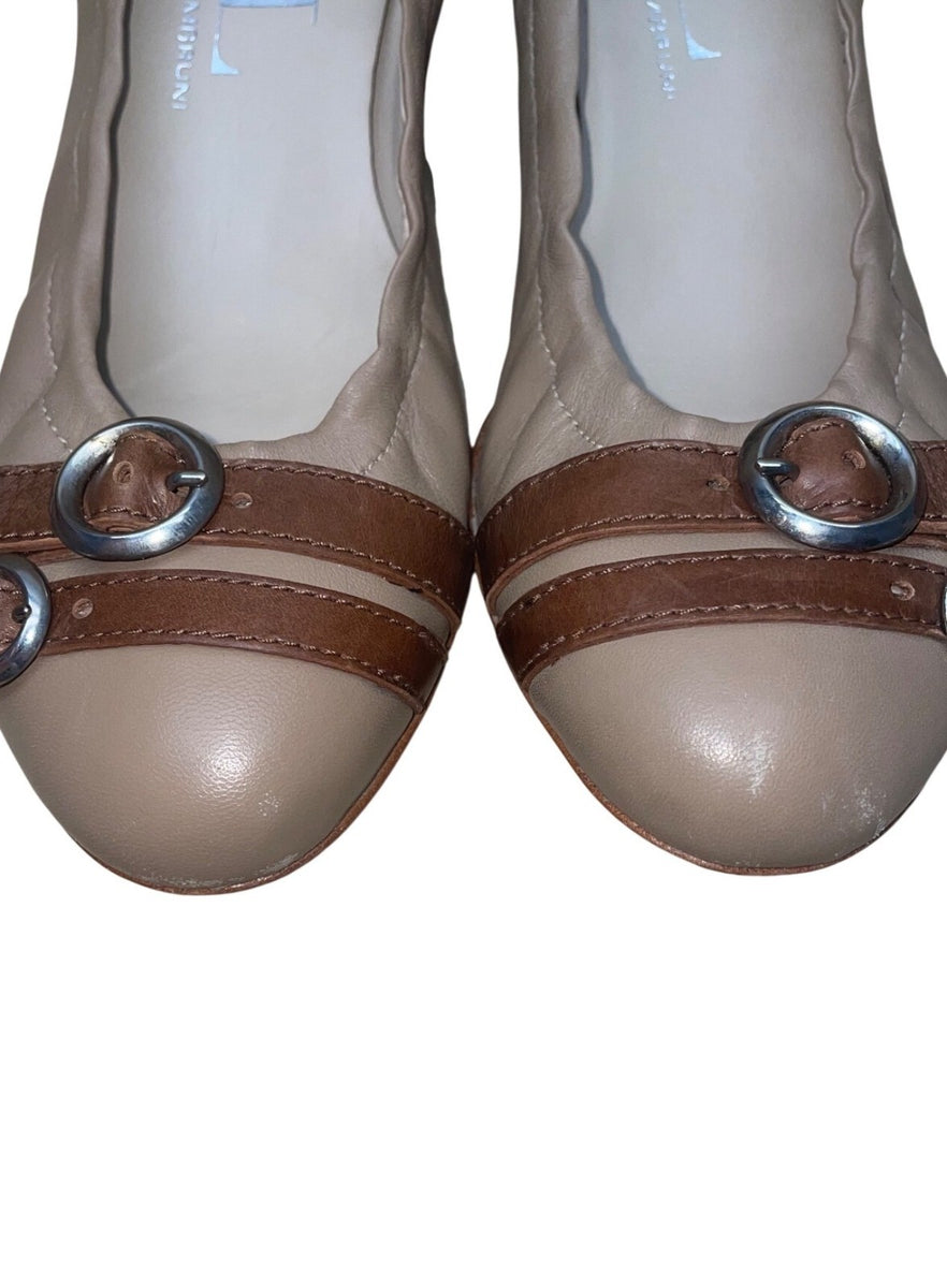 AGL Women’s Beige Brown Leather Buckle Accent Ballet Style Flats Size 39
