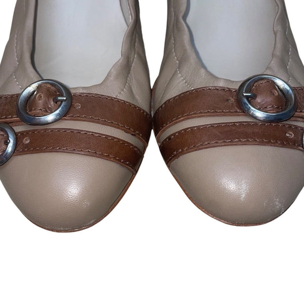 AGL Women’s Beige Brown Leather Buckle Accent Ballet Style Flats Size 39