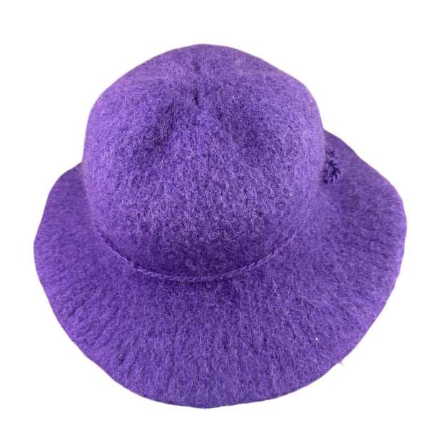 Wool Purple Womens Felted Handmade Hat With Flower Detail Elegant Soft Wide Brim