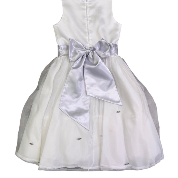 US Angels Girls White Satin Dress W Silver Embellished Tulle Skirt & Bow Size 14