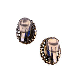 Vintage Womens Blue Fused Glass & Gold Tone Oval Clip-On Earrings Filigree
