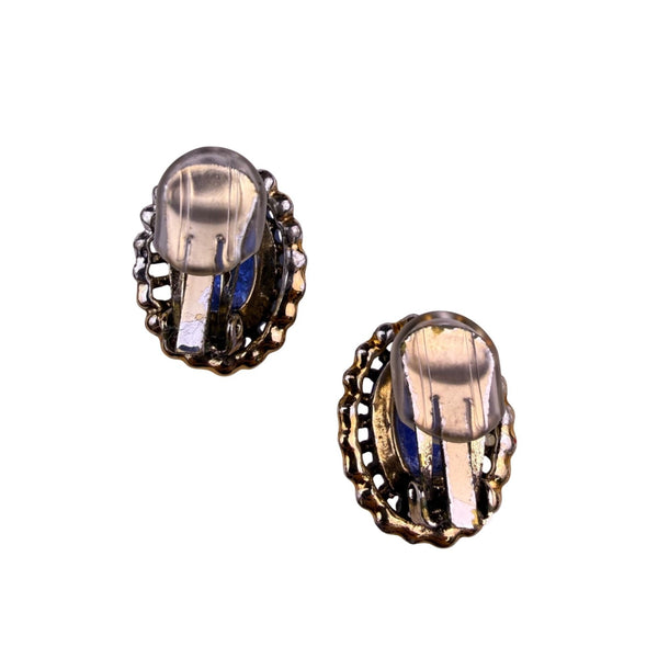 Vintage Womens Blue Fused Glass & Gold Tone Oval Clip-On Earrings Filigree
