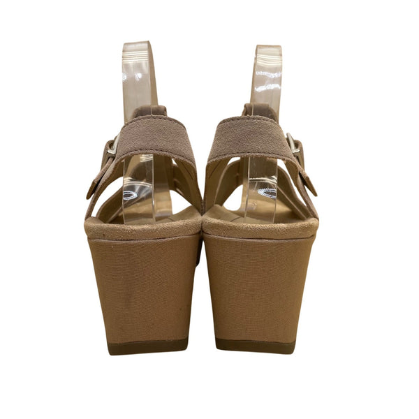 Women’s Beige Suede Strappy Style Adjustable Buckle Wedge Sandals Sz 8.5