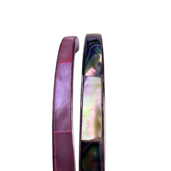 Two Womens Silver Tone Abalone Shell & Pink Inlay Bangle Bracelets