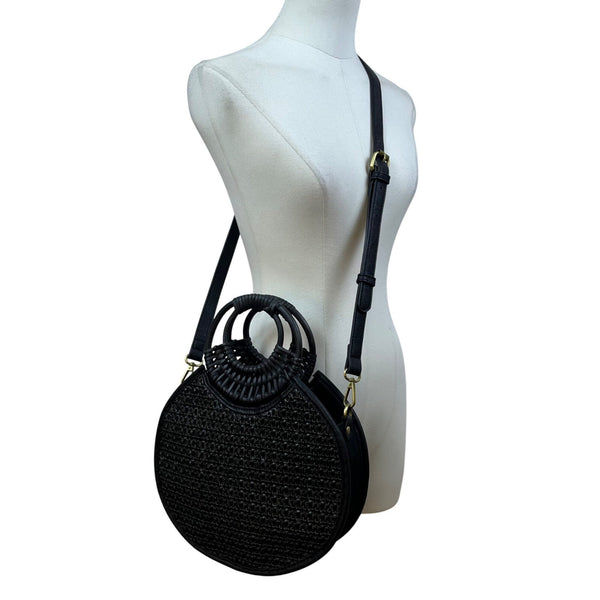 Anthropologie Women’s Black Woven With Dual Handles Round Rattan Crossbody Bag
