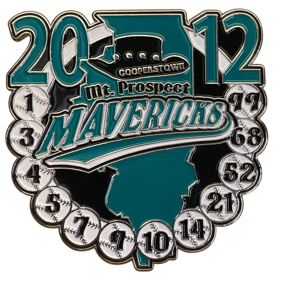 2012 Cooperstown Mt. Prospect Mavericks Baseball Trading Pin Teal & Silver With
