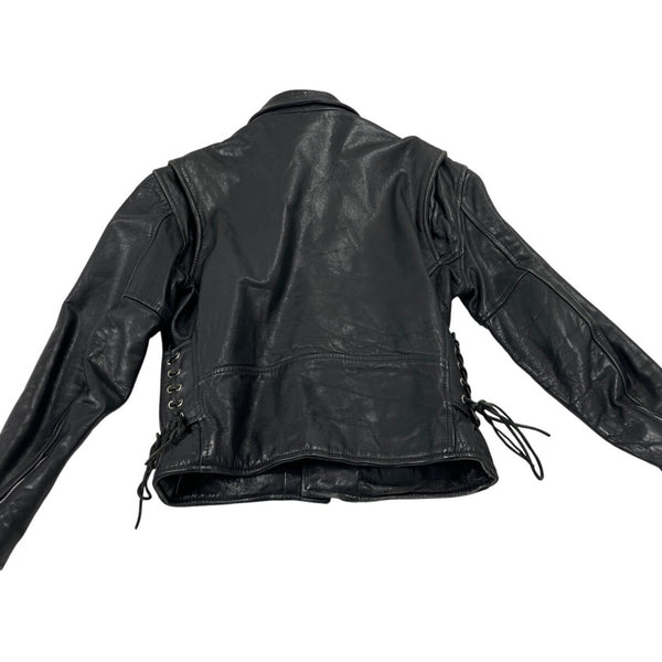 Vintage First Genine Leather Black Motorcycle Jacket With Zipper & Snap Details