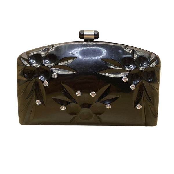 Vintage Women’s Black Acrylic Floral Embellished Snap Closure Evening Clutch