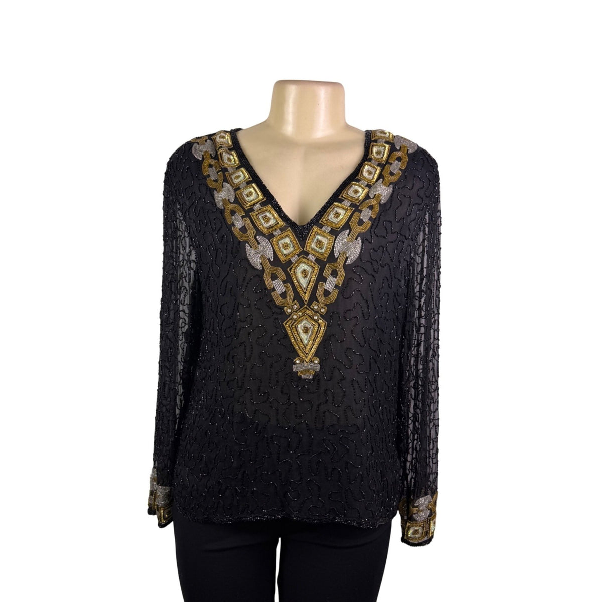 Chetan Creations Black Silk Hand Woven Sequined Beaded Top Gold V-Neck Sz M