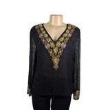 Chetan Creations Black Silk Hand Woven Sequined Beaded Top Gold V-Neck Sz M